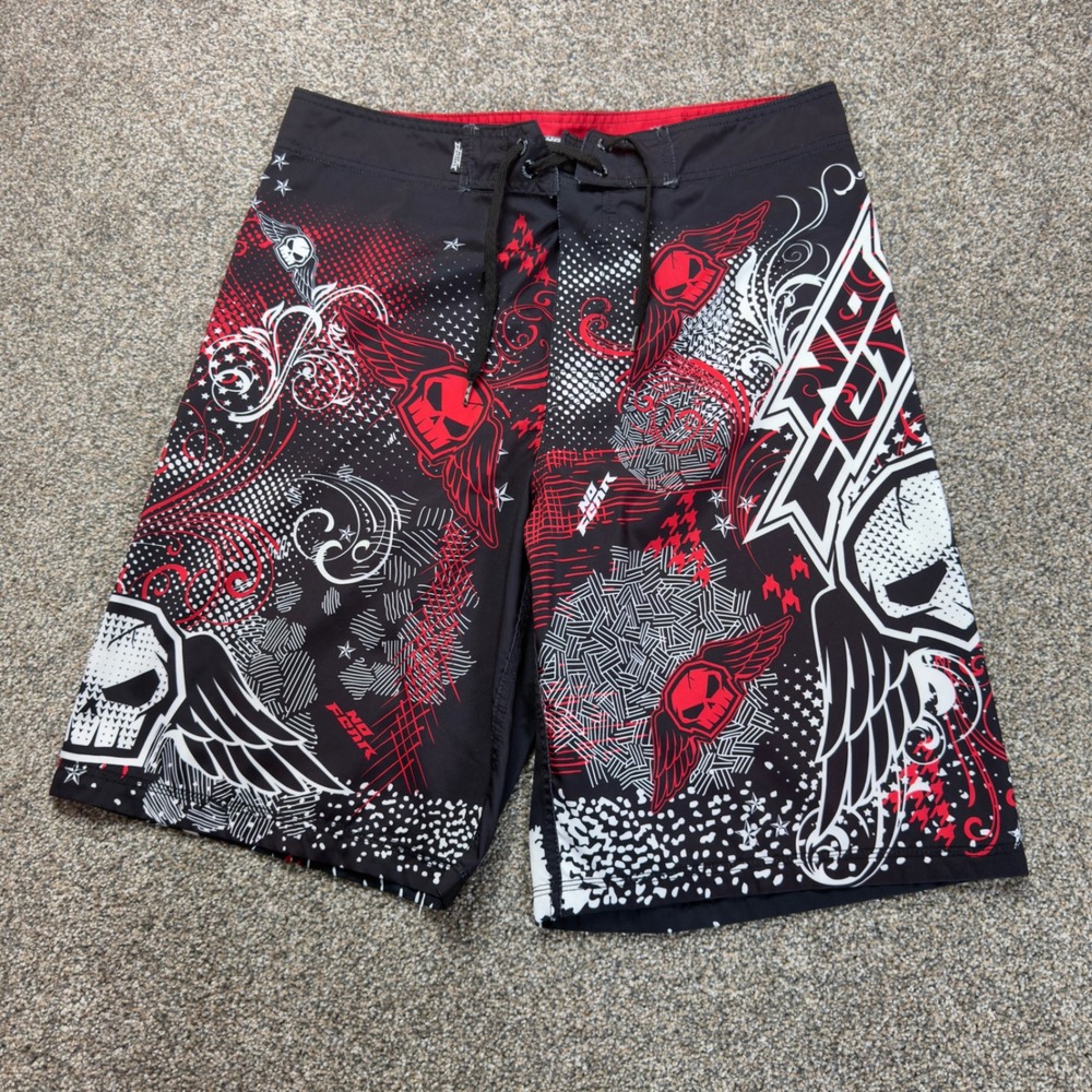 No Fear Mens Board Shorts Size 36 Black Red White Skull Graphic Surf Y2K Graphic